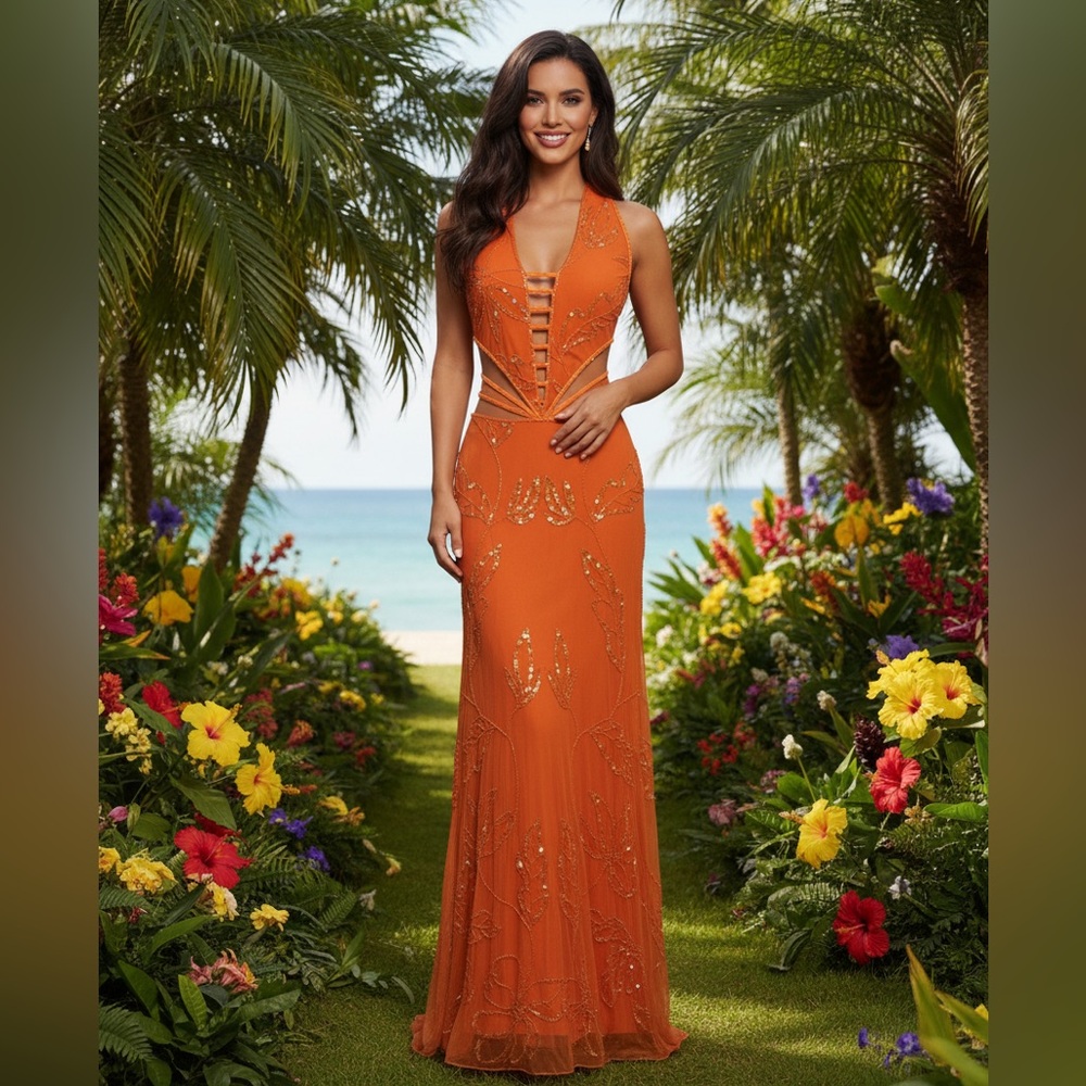 Elegant‎ Orange hand beaded Attitudes by Debra Evening Gown